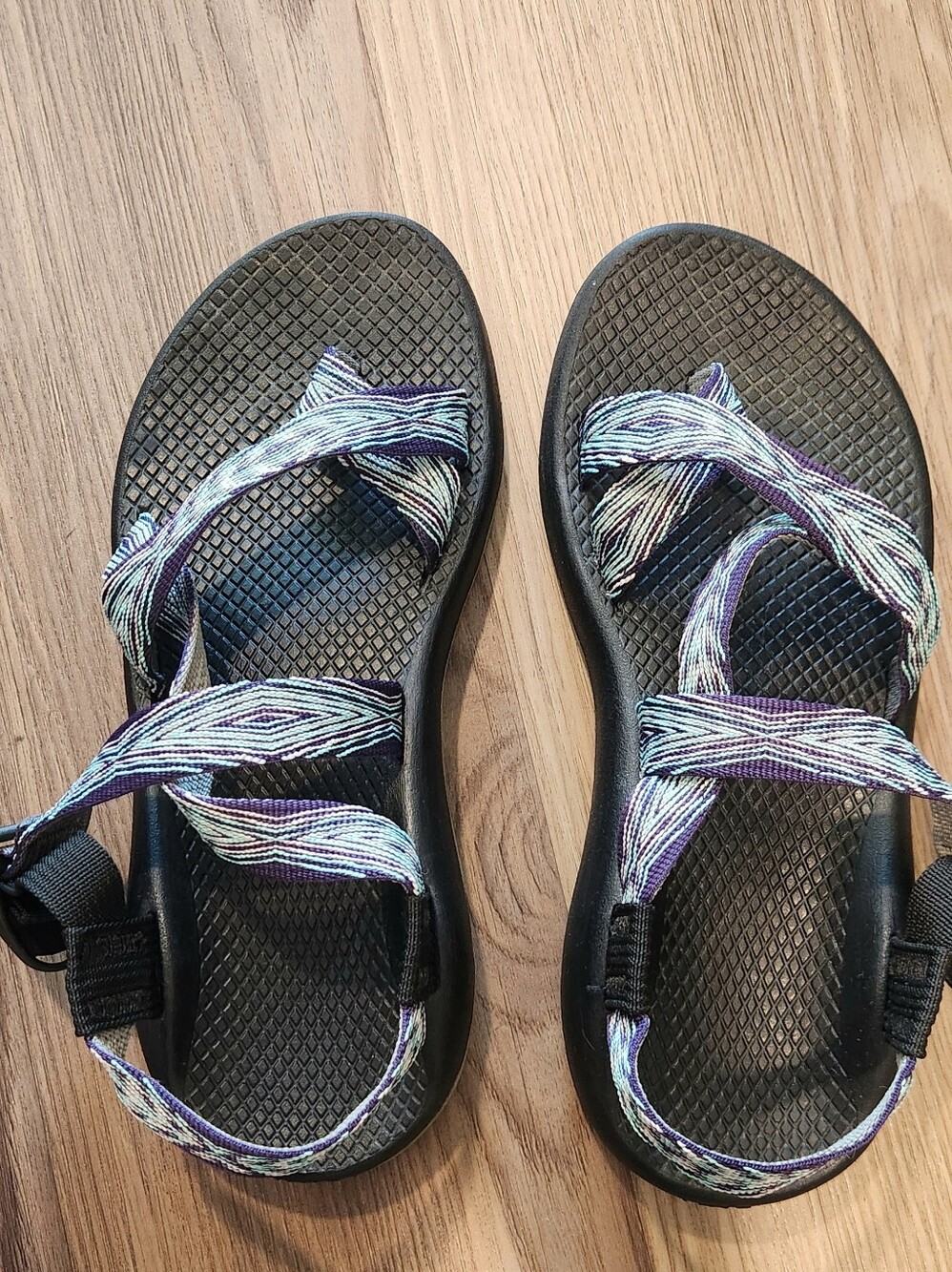 Women’s Strappy Black Sandals with Purple & Light Blue Accents